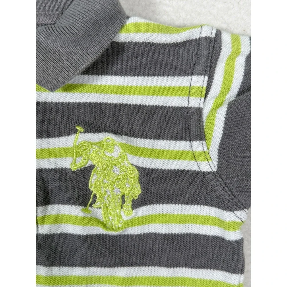 US Polo Assn Baby Boys Striped Polo Romper Grey Lime Green 6/9M